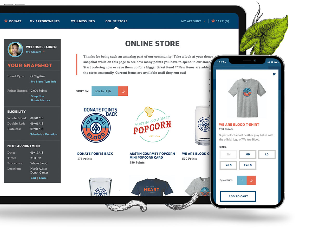 Tablet and phone view of the donor portal's online store, showing available products and order options.